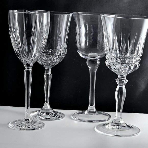 4pc Vintage Mismatched Crystal Wine Glasses approx 8" Assorted Clear Glassware - Picture 2 of 11
